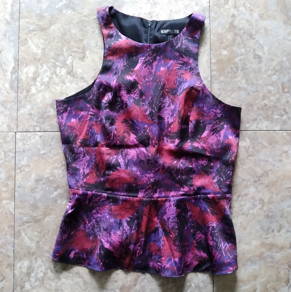 Express Abstract print Floral Feather Peplum Sleeveless top, size Medium